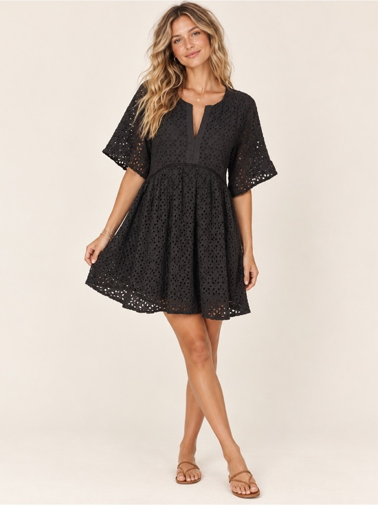 Elan Dresses & Skirts - Elan Black Eyelet Mini Dress Boho Flutter Sleeve Split Neck